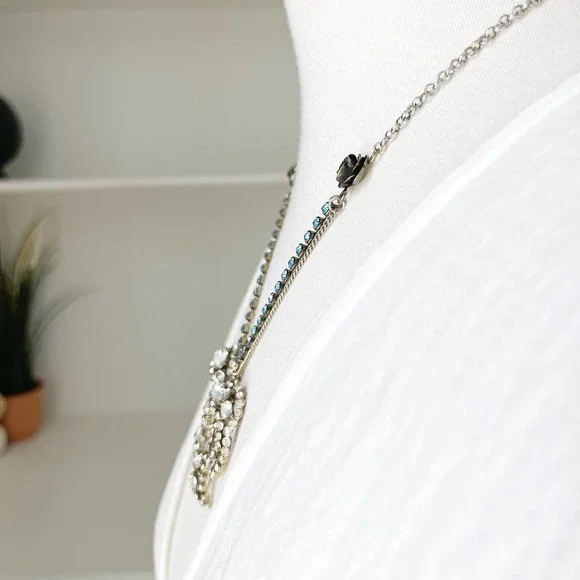 Betsey Johnson Bronze Blue Rhinestone Embellished Bow Statement Necklace - Picture 3 of 5